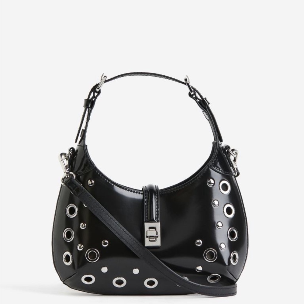 H&M black patent grommet mini handbag and crossbody NWT